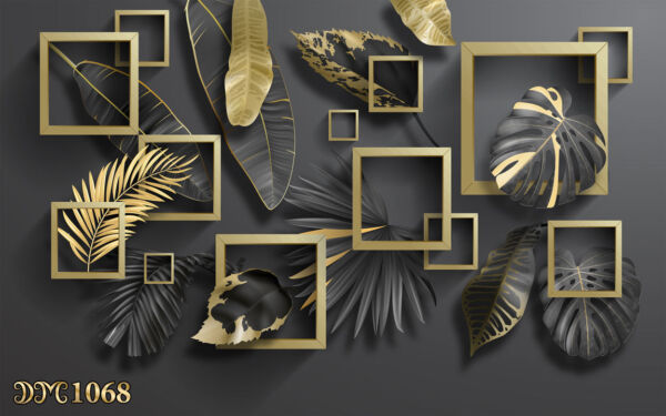 پوستر دیواری سه بعدی طرح برگ مشکی طلایی TD1068