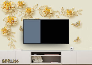 پوستر دیواری گل نگین دار طلایی با پروانه TD1166