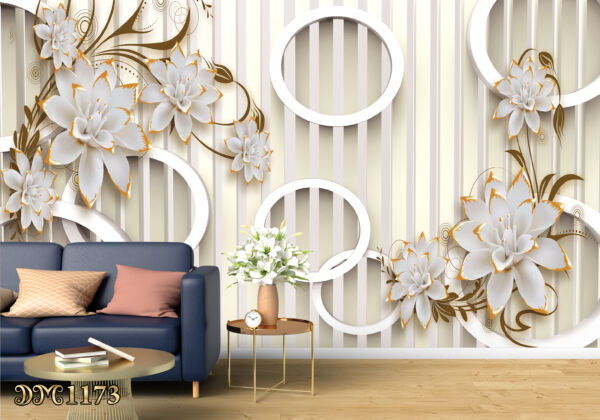 پوستر دیواری گل هلندی سفید ونارنجی بادایره های سه بعدی TD1173
