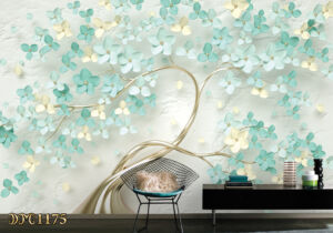 پوستر دیواری درخت طلایی باشکوفه های سفید و آبی TD1175