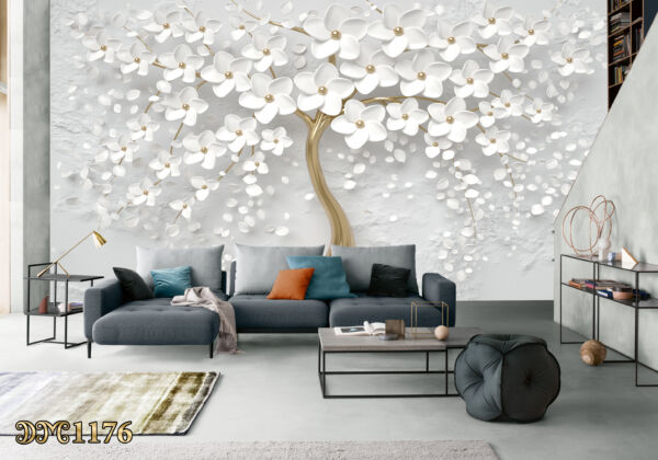 پوستر دیواری درخت سه بعدی با شکوفه های سفید TD1176