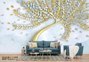 پوستر دیواری درخت سه بعدی با برگ های سفید و طلایی TD1177