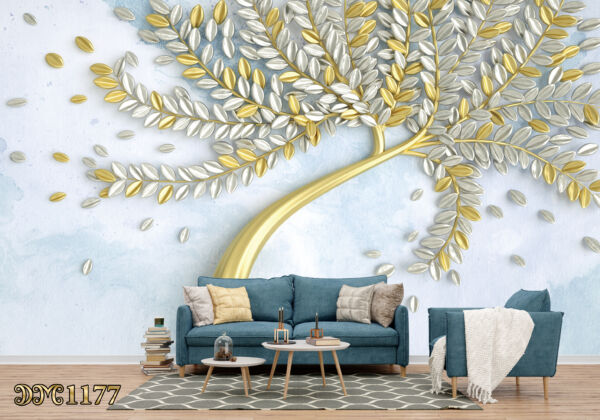 پوستر دیواری درخت سه بعدی با برگ های سفید و طلایی TD1177