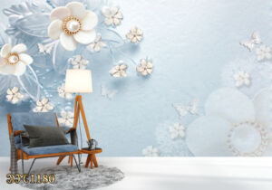 پوستر دیواری شکوفه های سفید با پس زمینه آبی TD1180