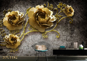 پوستر دیواری گل هلندی طلایی با پس زمینه ی طوسی ومشکی TD1181