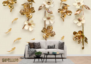 پوستر دیواری طرح شاخه گل سفید طلایی با ماهی طلایی TD1190