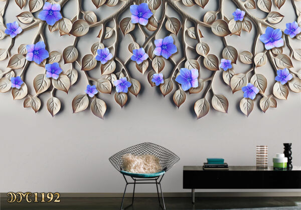 پوستر دیواری طرح گل نیلوفر آبی با شاخه و برگ TD1192