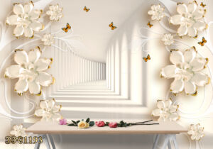 پوستر دیواری طرح راه روی سفید با گلهای سفید طلایی و پروانه TD1193