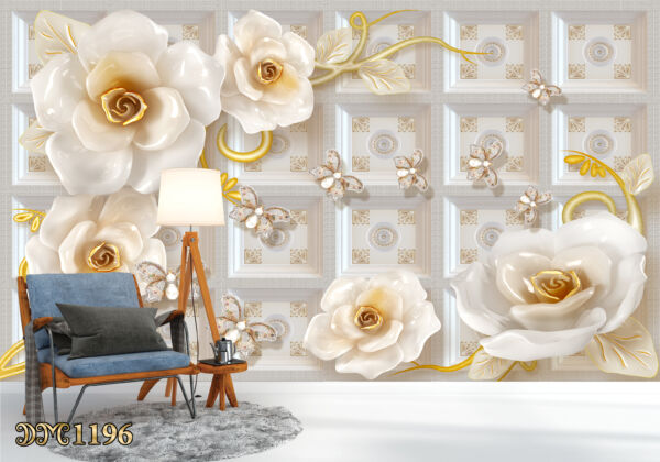 پوستر دیواری طرح گلهای سفید طلایی با پروانه های کریستالی TD1196