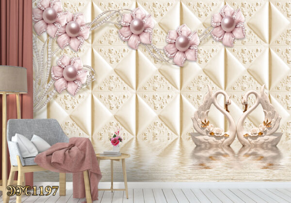 پوستر دیواری طرح گلهای کریستالی بنفش و قو های سفید طلایی TD1197